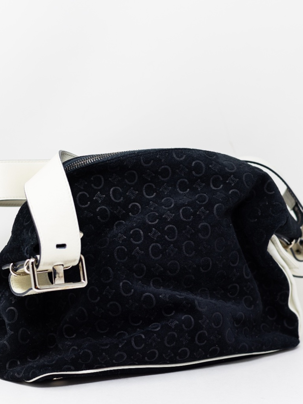 Celine Vintage Velvet Velour Logo Embossed Print Pattern Leather Shoulder Purse